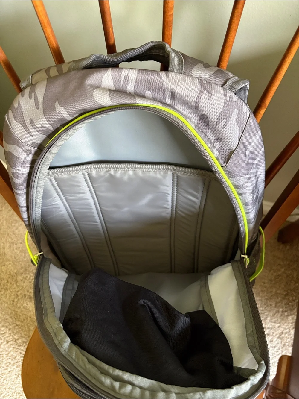 High Sierra Gray Camo Backpack with Neon Yellow Accents, Like New!